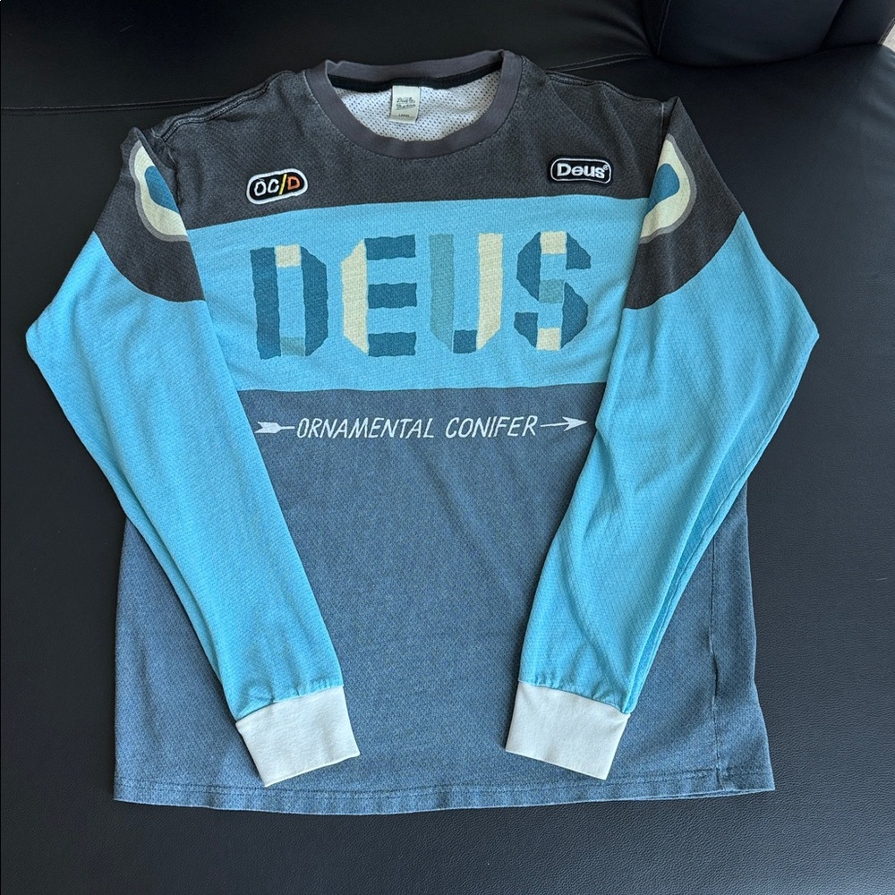 Deus Ex Machina Blue Graphic Jersey Top Long Sleeve L Ornamental Conifer Moto